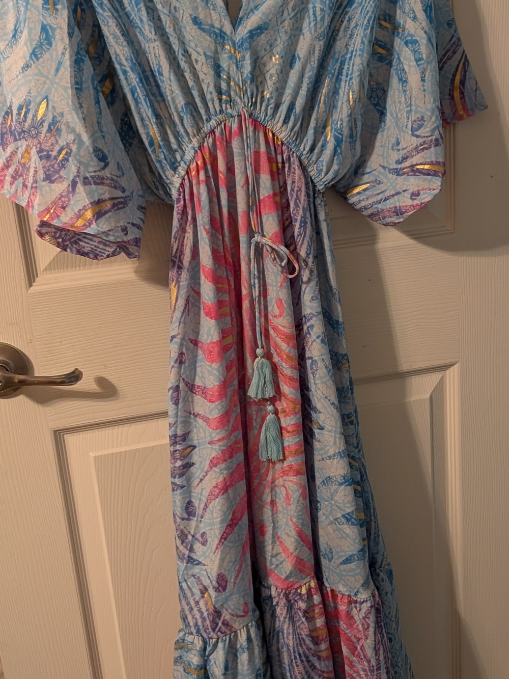 Women's Midi Tassel Dress in Blue & Pink